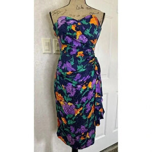 SILK STUDIO 100% Silk Strapless Floral Bow Pleated Dress 4 Y2K Wedding Formal